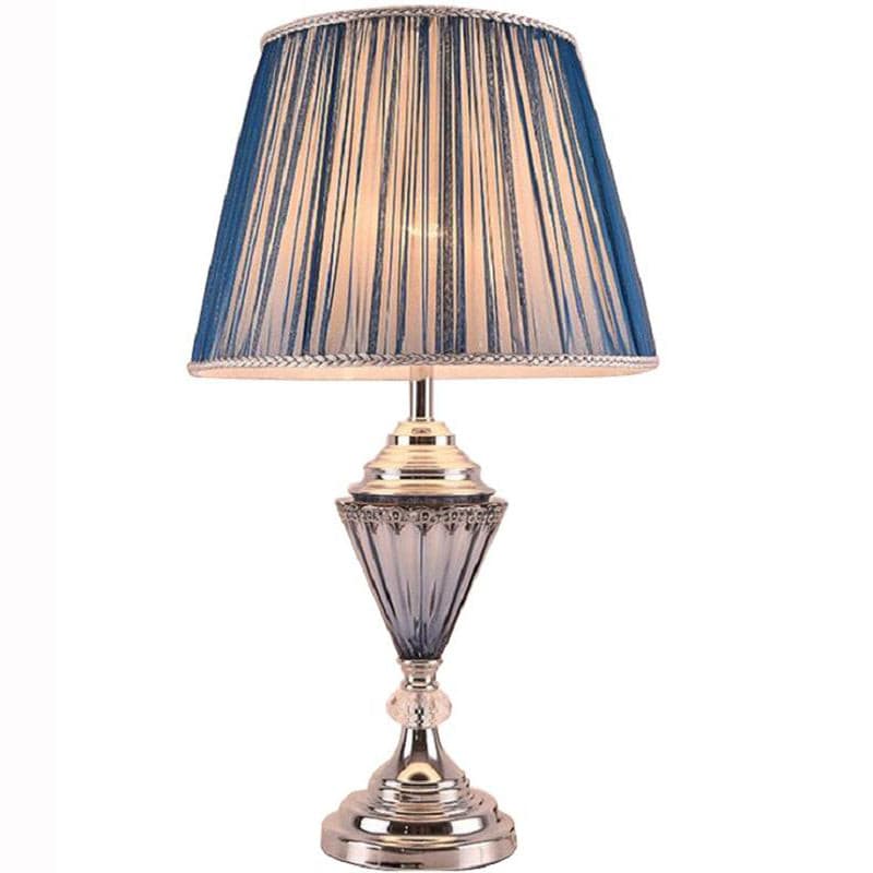 Modern polished nickel table lamp with blue crystal base