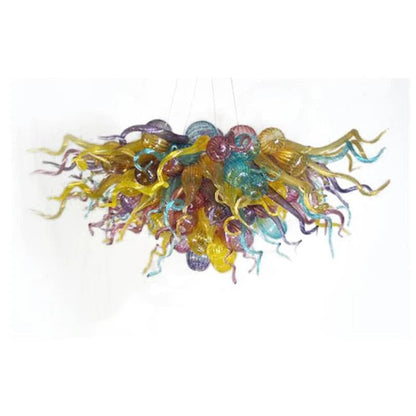 Horizontal rainbow artisan blown glass chandelier featuring a vibrant mix of yellow, purple, and blue glass tendrils on a clean white background.
