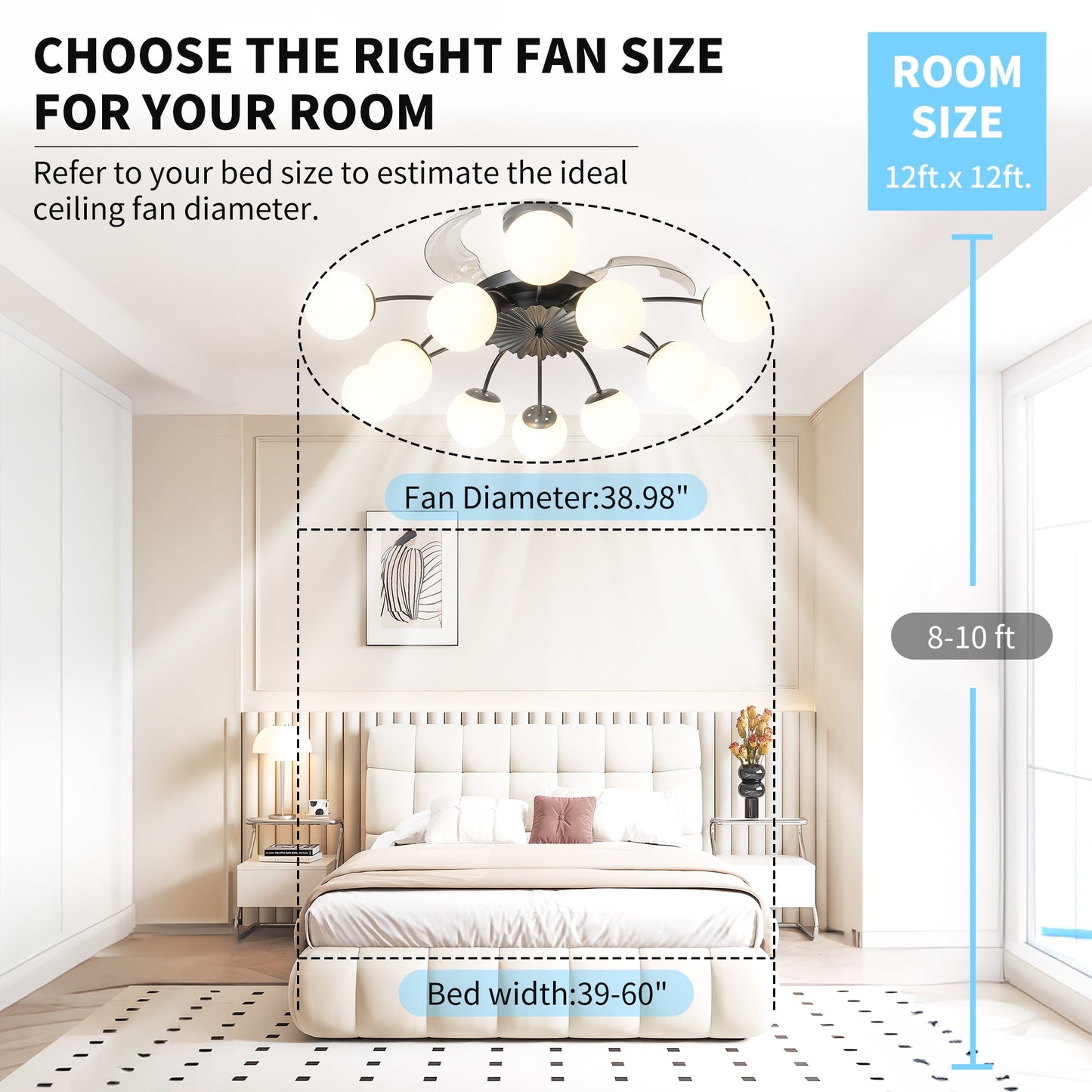 Modern 12-Light Black Globe Chandelier Fan with Remote
