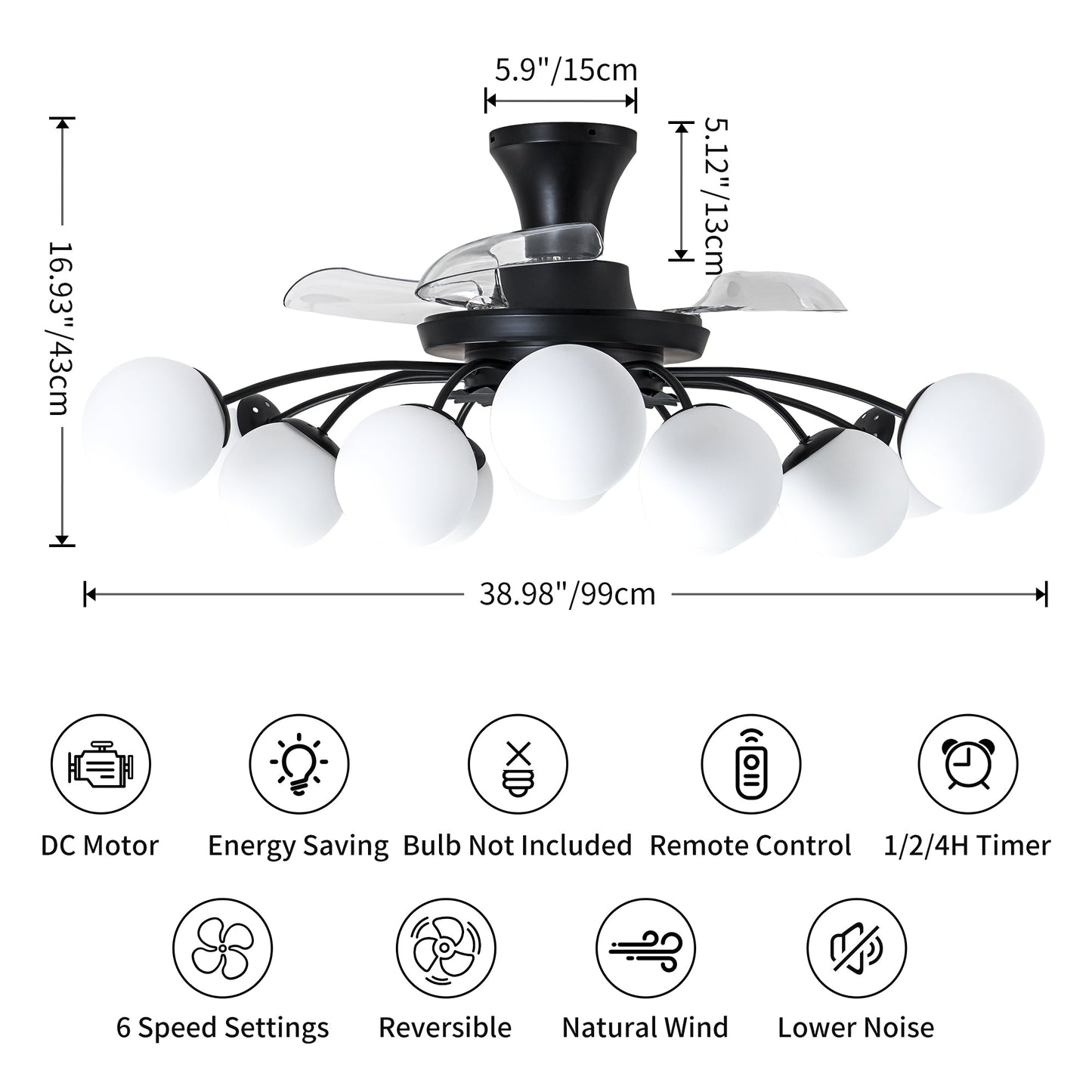 Modern 12-Light Black Globe Chandelier Fan with Remote