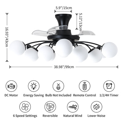 Modern 12-Light Black Globe Chandelier Fan with Remote