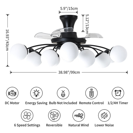 Modern 12-Light Black Globe Chandelier Fan with Remote