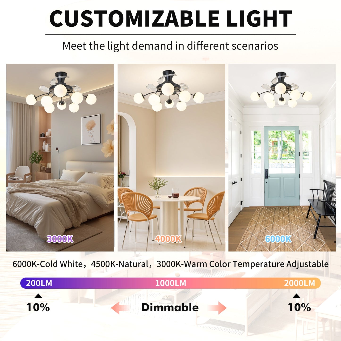 Modern Black Chandelier Fan with 8 Globe Lights & Remote