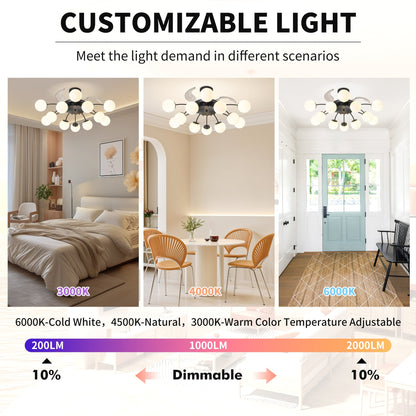 Modern 12-Light Black Globe Chandelier Fan with Remote