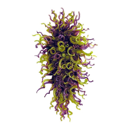 Royal Amethyst & Jade Murano style chandelier featuring a dense, vertical cluster of hand-blown green and purple glass spirals.