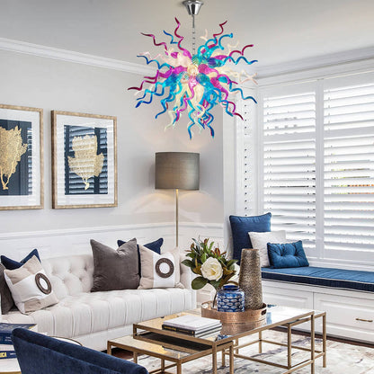 Blue, pink, and white glass chandelier as focal point in living area