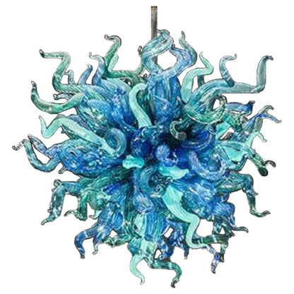 Detailed view of a spherical hand-blown glass chandelier featuring an intricate mix of teal and azure blue curly tendrils on a white background.