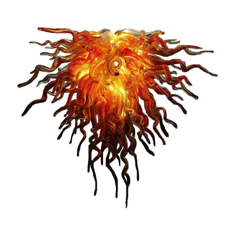 Intricate Autumn Blaze orange hand-blown glass chandelier featuring twisted tubular glass pieces in a fiery sunburst design.