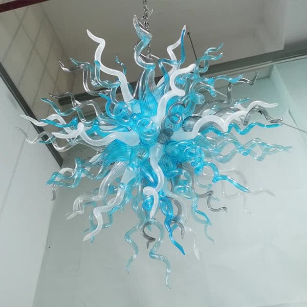 Cyan & White Blown Glass Chandelier | Modern Artisan Art Light