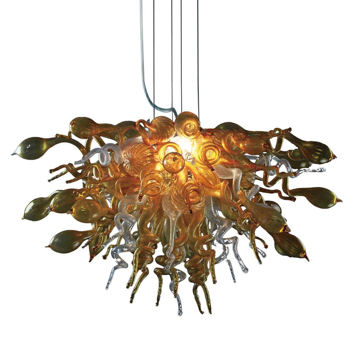 Detailed view of an artisan blown glass chandelier with a mix of golden amber and clear glass elements in organic, sculptural shapes.