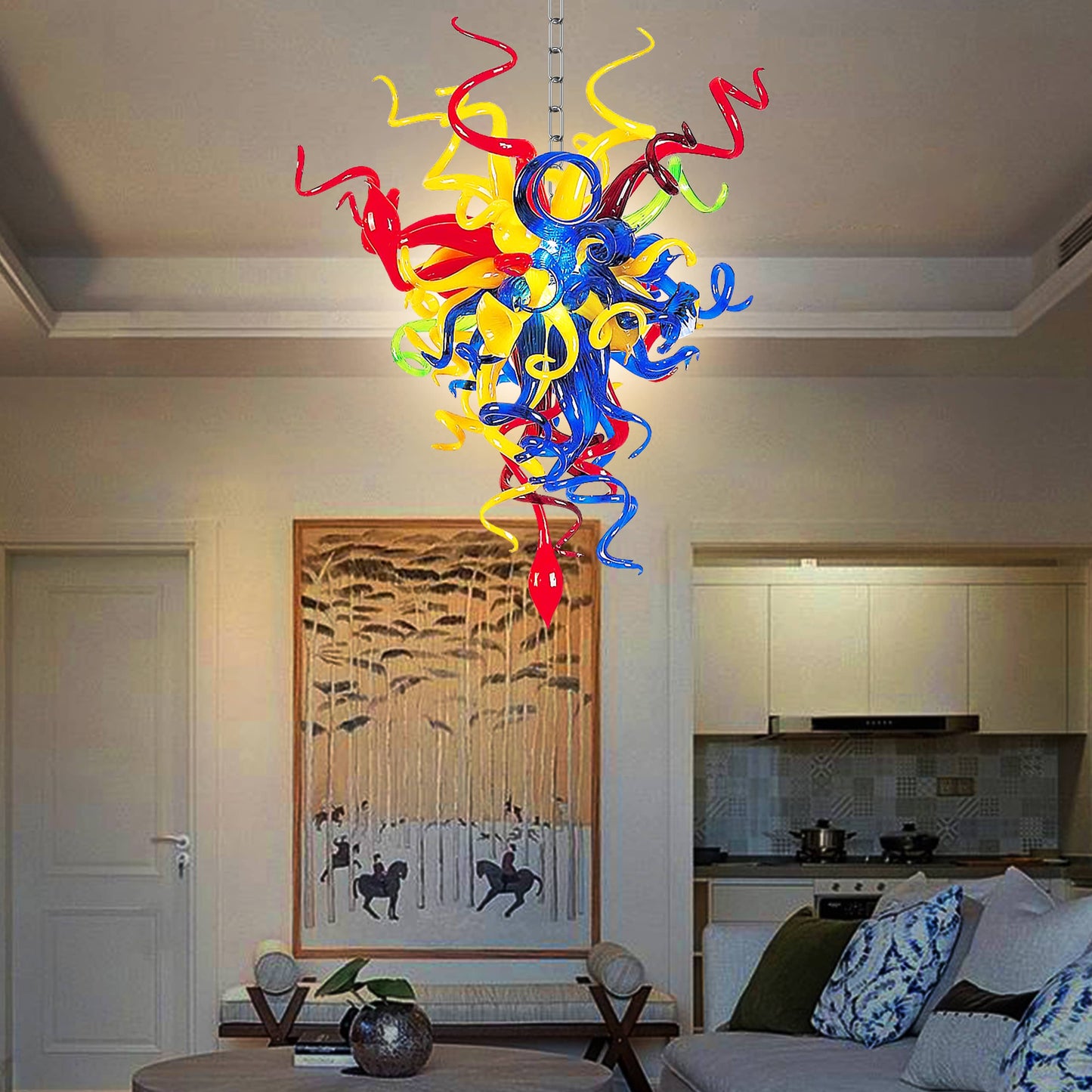 Blown Glass Chandeliers Chihuly Style Blue Red And Yellow