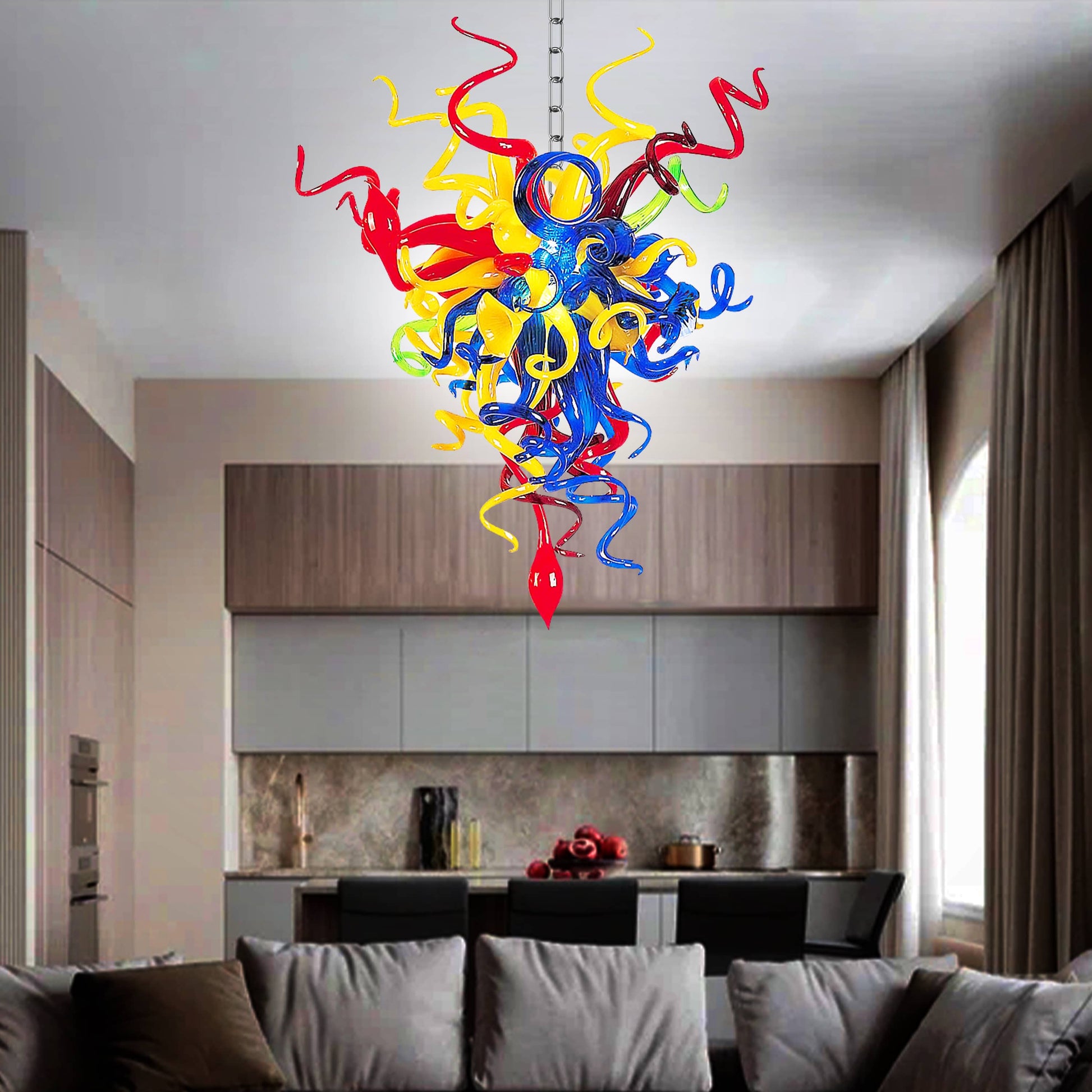 Blown Glass Chandeliers Chihuly Style Blue Red And Yellow