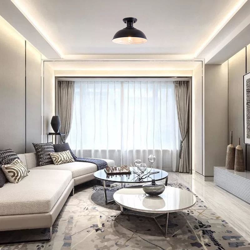 Contemporary black flush mount light for hallway or small kitchen ceiling decor.