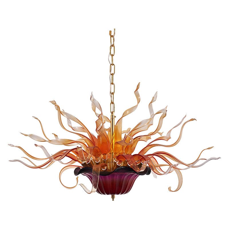 Floral basket style Murano style glass chandelier with amber and orange hand-blown ribbons and a deep purple glass base.