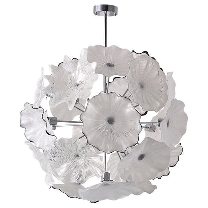 Studio shot of the white petal glass chandelier, highlighting the symmetrical spherical design and soft white finish.