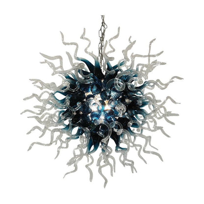Detailed view of the Planet Blast chandelier against a neutral background showing the dense arrangement of clear and blue glass elements.
