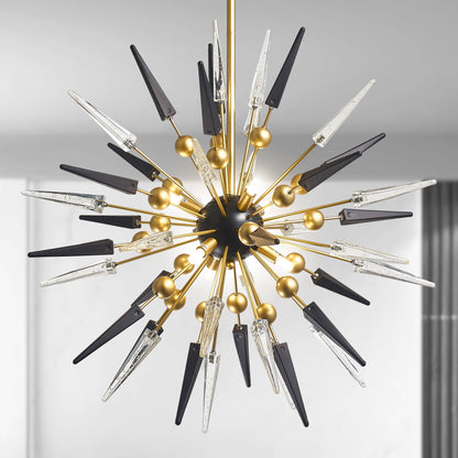 Contemporary Sputnik Chandelier Black and Clear Spike Glass with Brass Frame