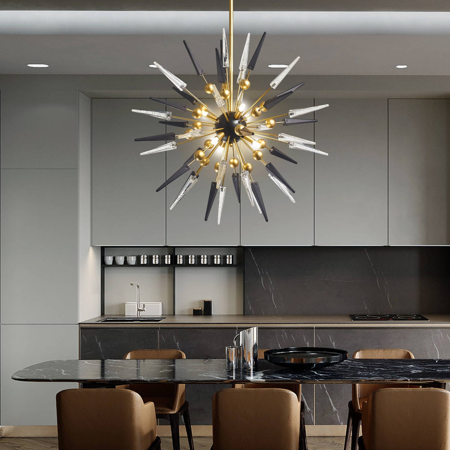 Modern Sputnik Chandelier Black and Clear Spike Glass with Brass Frame For Dining Room