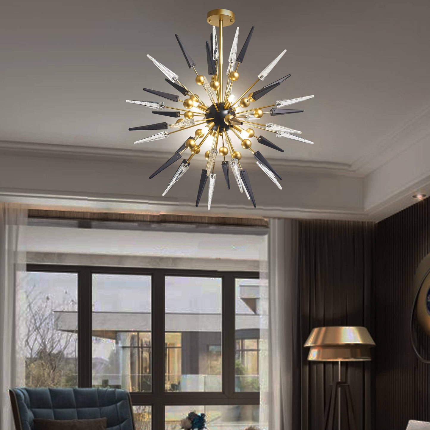 Modern Sputnik Chandelier Black and Clear Spike Glass with Brass Frame For Living Room