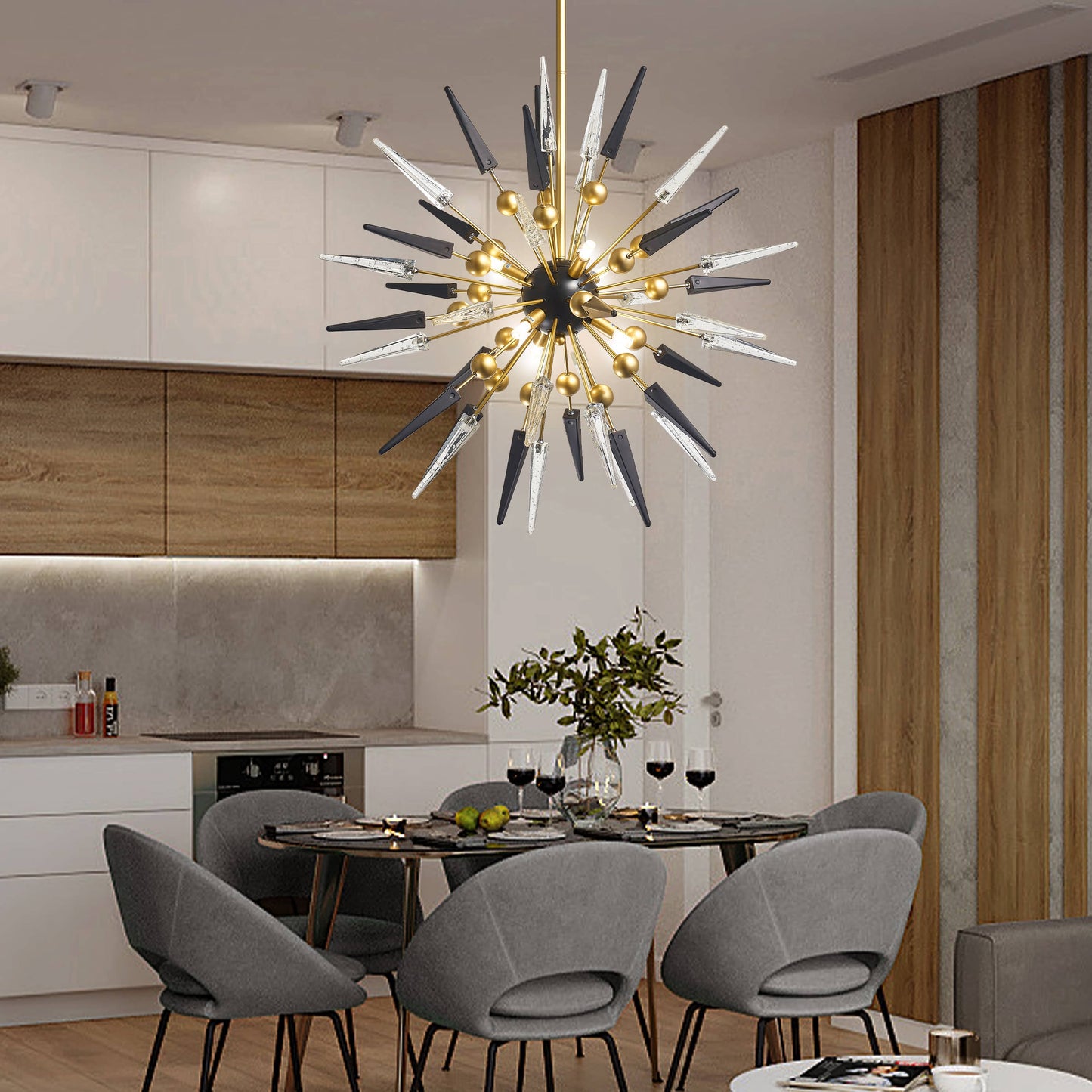 Modern Sputnik Chandelier Black and Clear Spike Glass with Brass Frame For Entrance