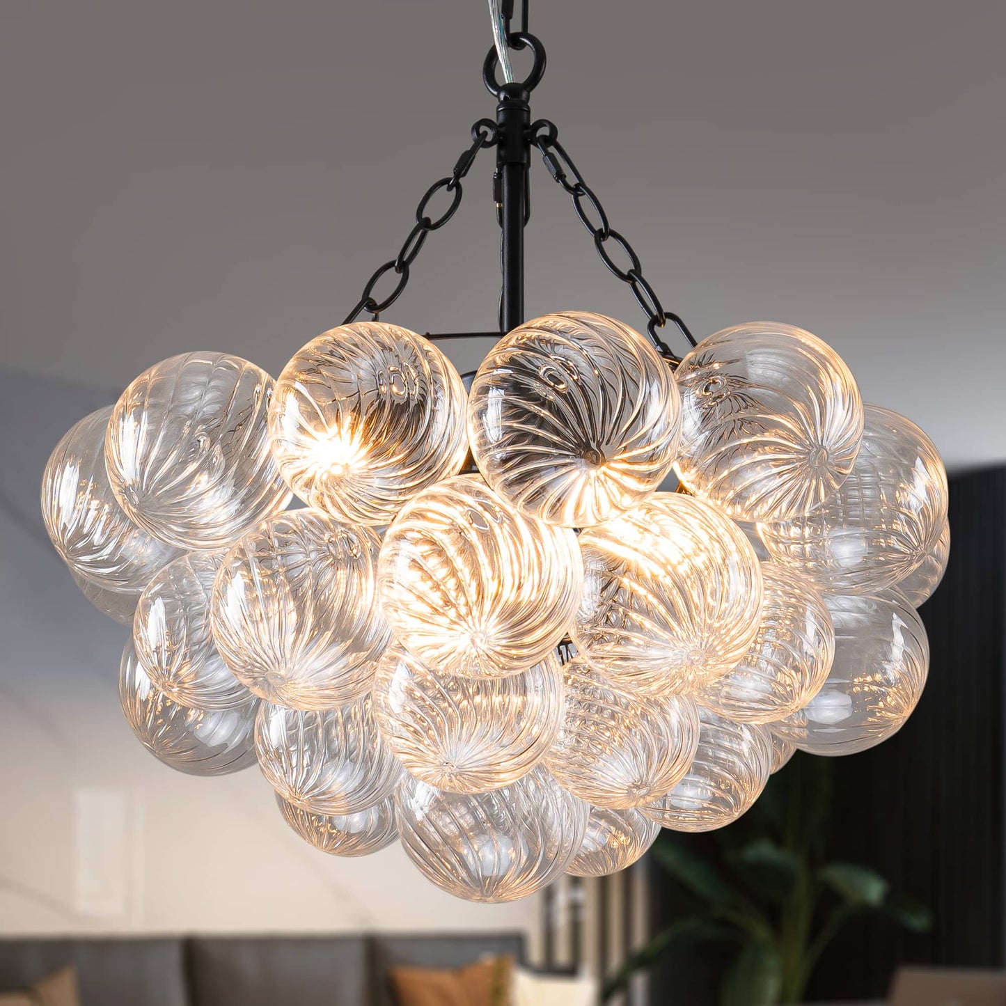 Bubbles Chandelier Clear Swirled Texture Ball Black Frame