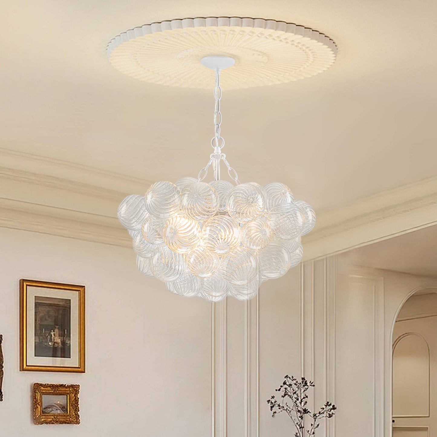 Talia Style Bubbles Chandelier Clear Swirled Texture Ball White Frame