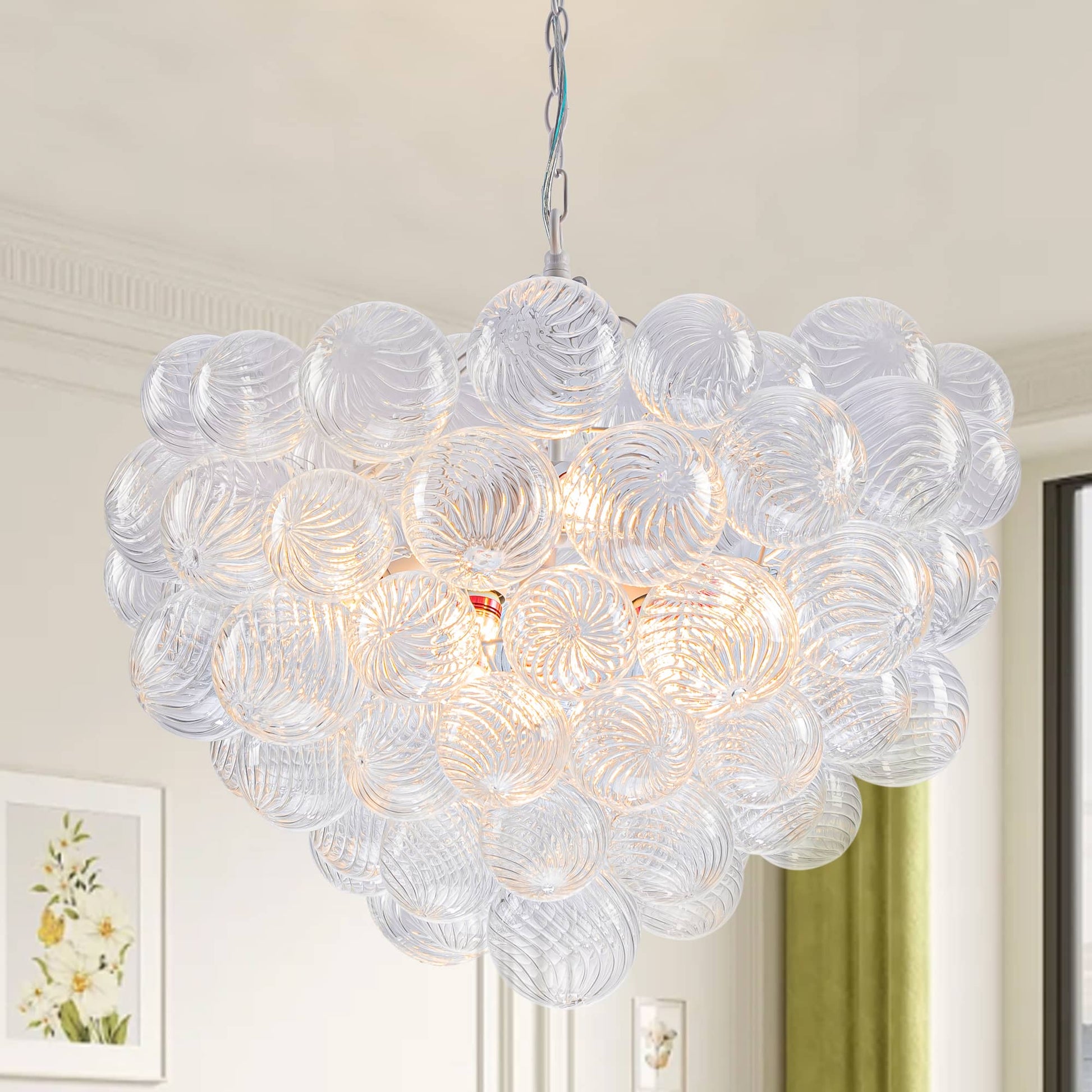 Talia Style Bubbles Chandelier Clear Swirled Texture Ball White Frame