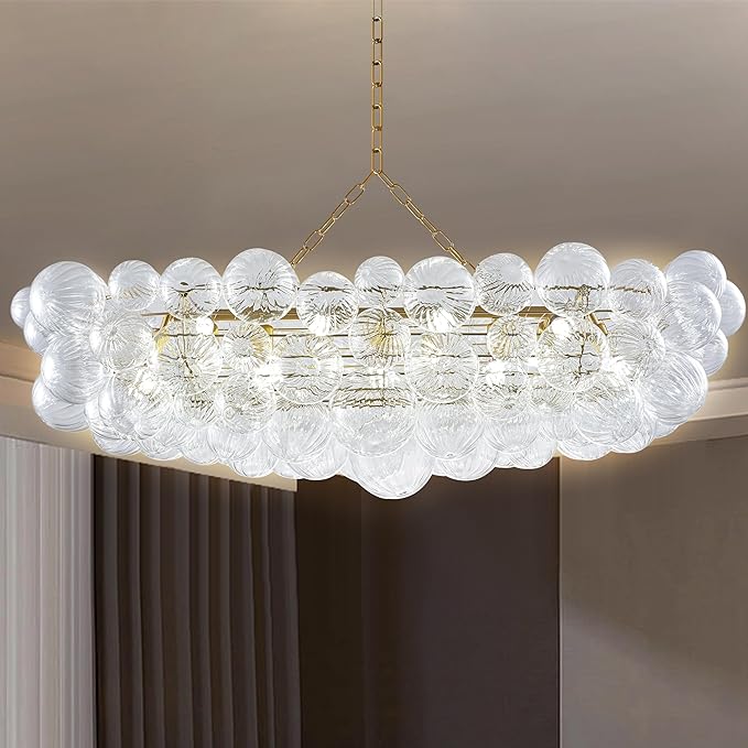 Rectangular Mid Century Bubbled Clear Ball Swirled Texture Glass Chandelier