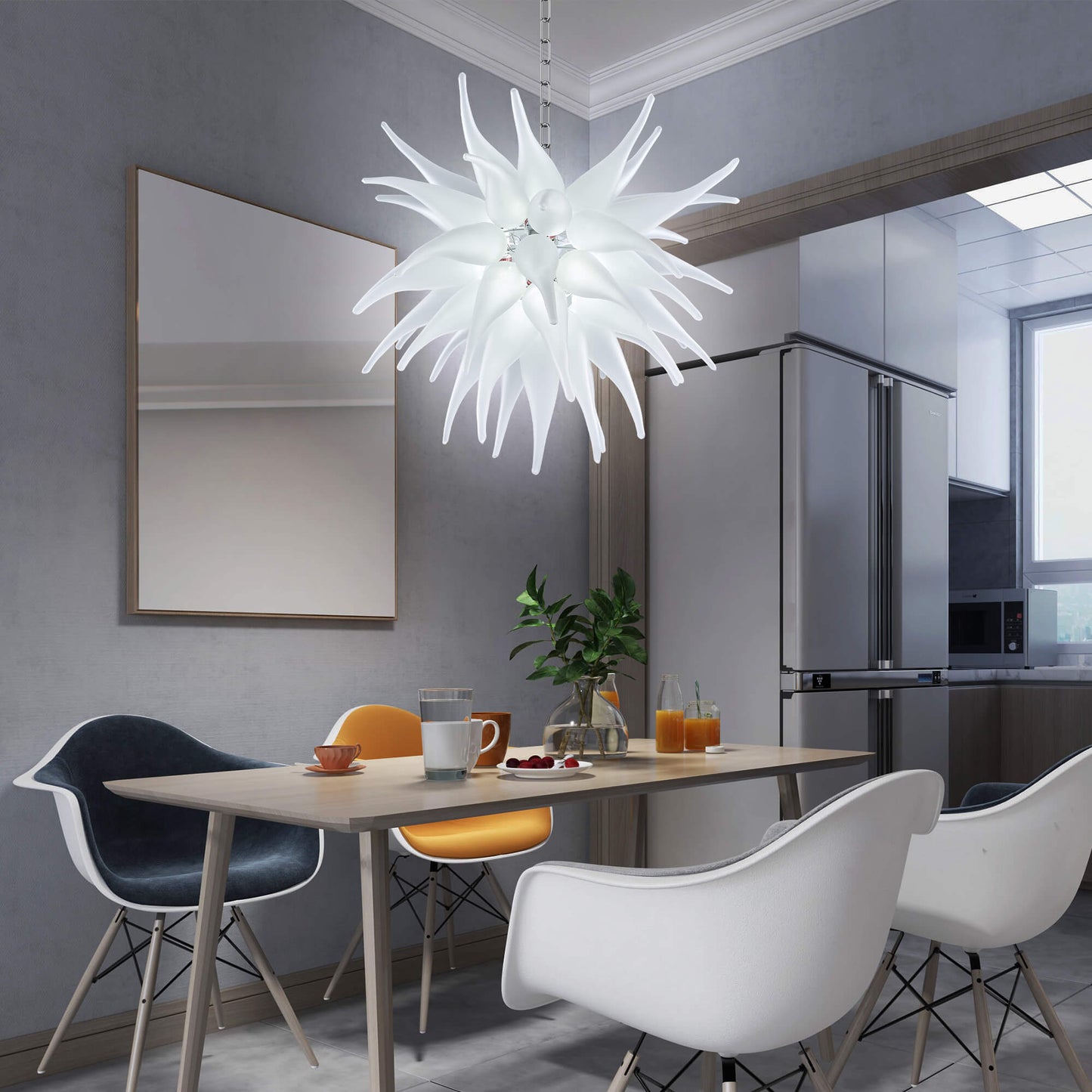 Contemporary Blown Glass Chandelier White Frosted Glass For Dining Room