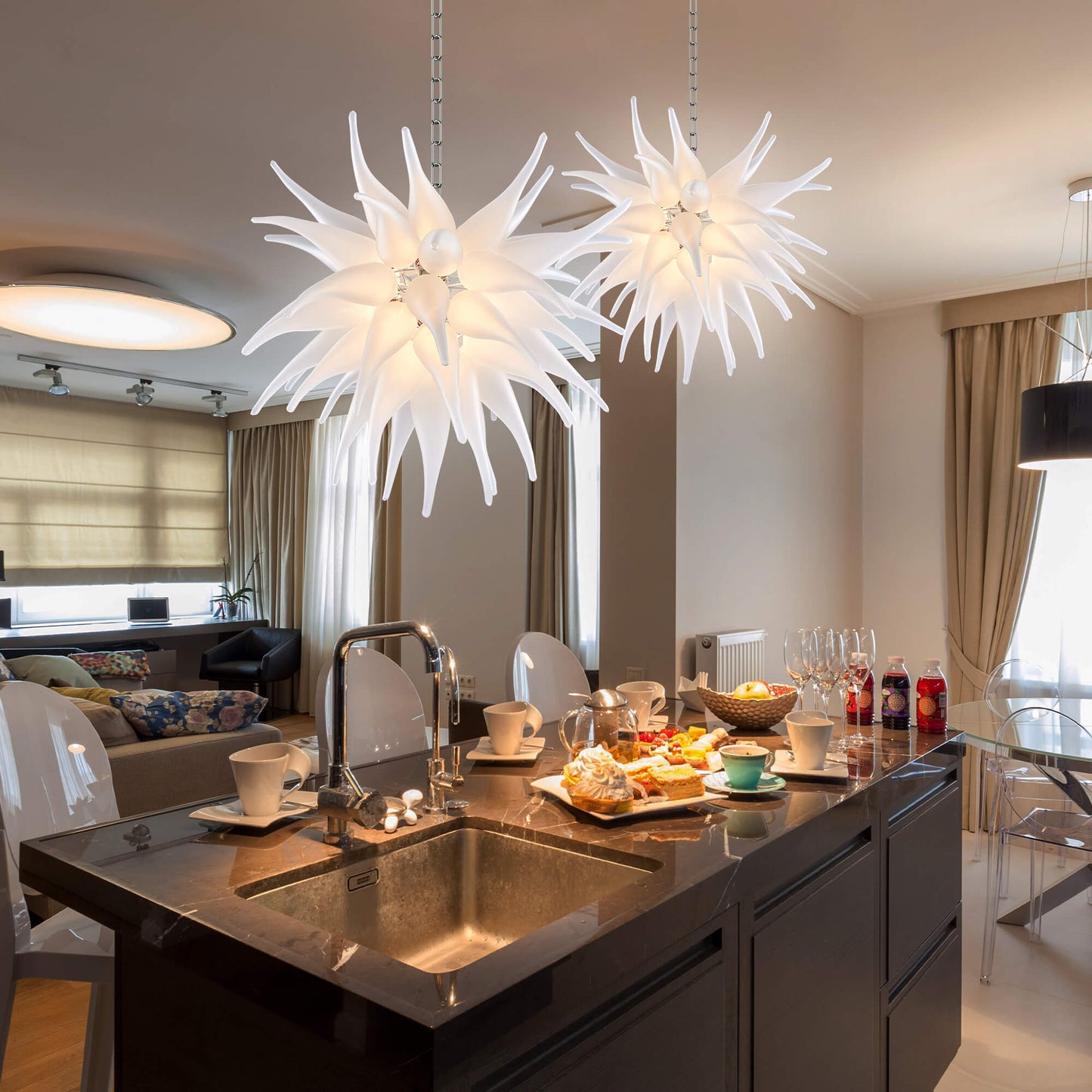 Contemporary Blown Glass Chandelier White Frosted Glass Suspension Lamp