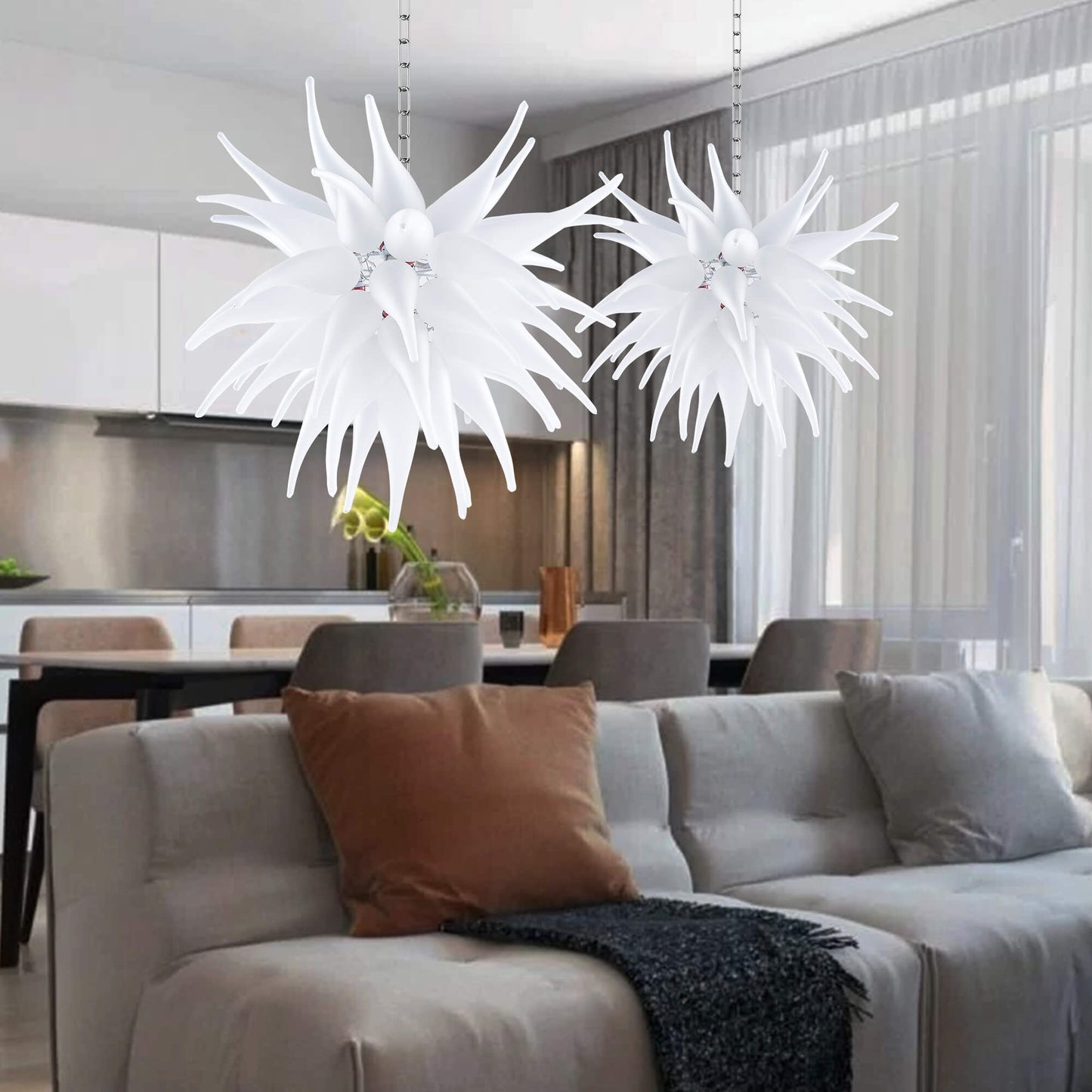 Contemporary Blown Glass Chandelier White Frosted Glass For Living Room