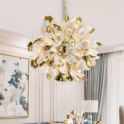 Starburst Chandelier Ceramic White And Gold Gingko Leaves