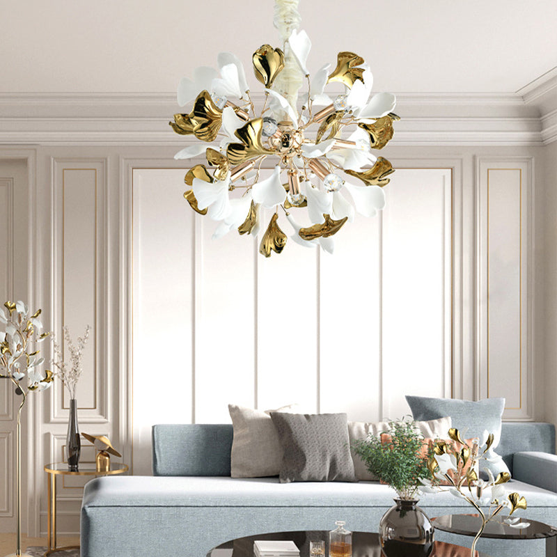 Sputnik Chandelier Ceramic White And Gold Gingko Leaves For Living Room