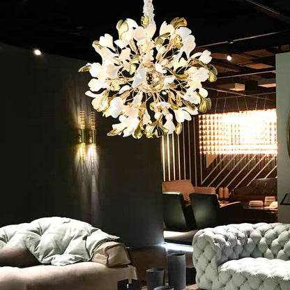 Modern Chandelier Ceramic White And Gold Gingko Leaves