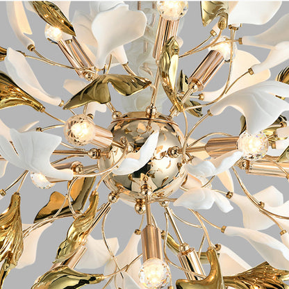 Sputnik Chandelier Ceramic White And Gold Gingko Leaves