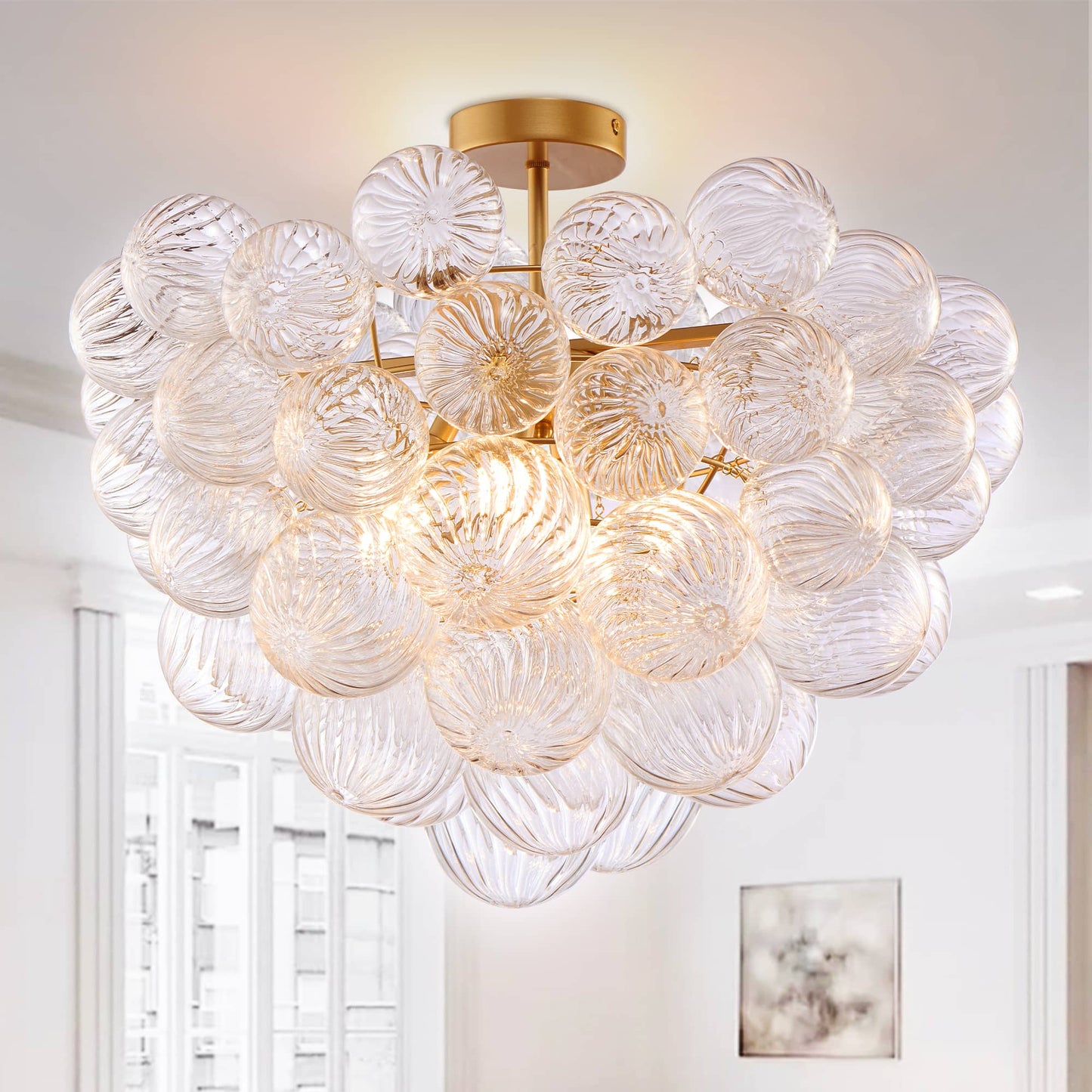 Talia Style Semi-Flush Mounted Bubbled Chandelier Clear Ball Glass Swirled Texture 