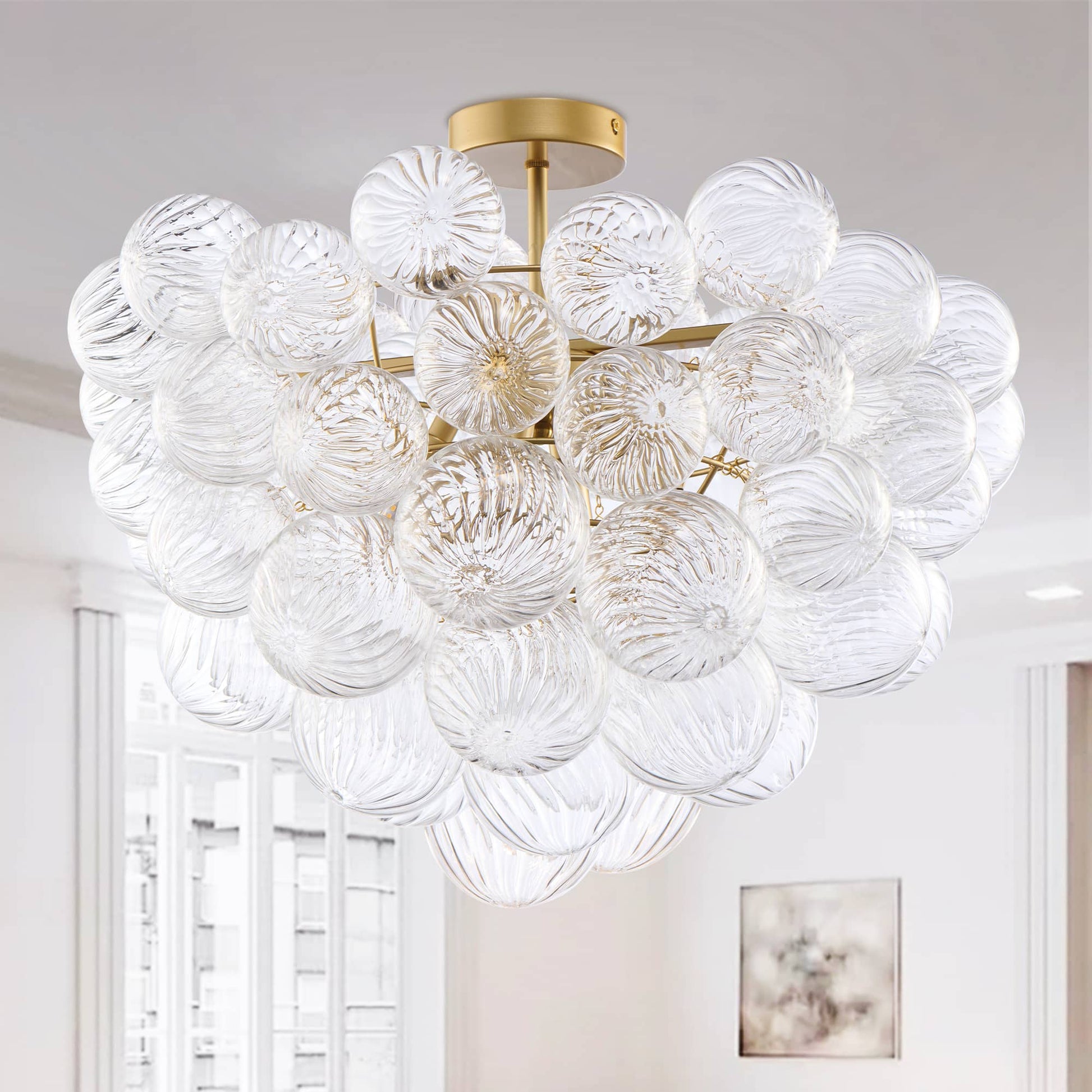 Talia Style Semi-Flush Mounted Bubbled Chandelier Clear Ball Glass Swirled Texture 