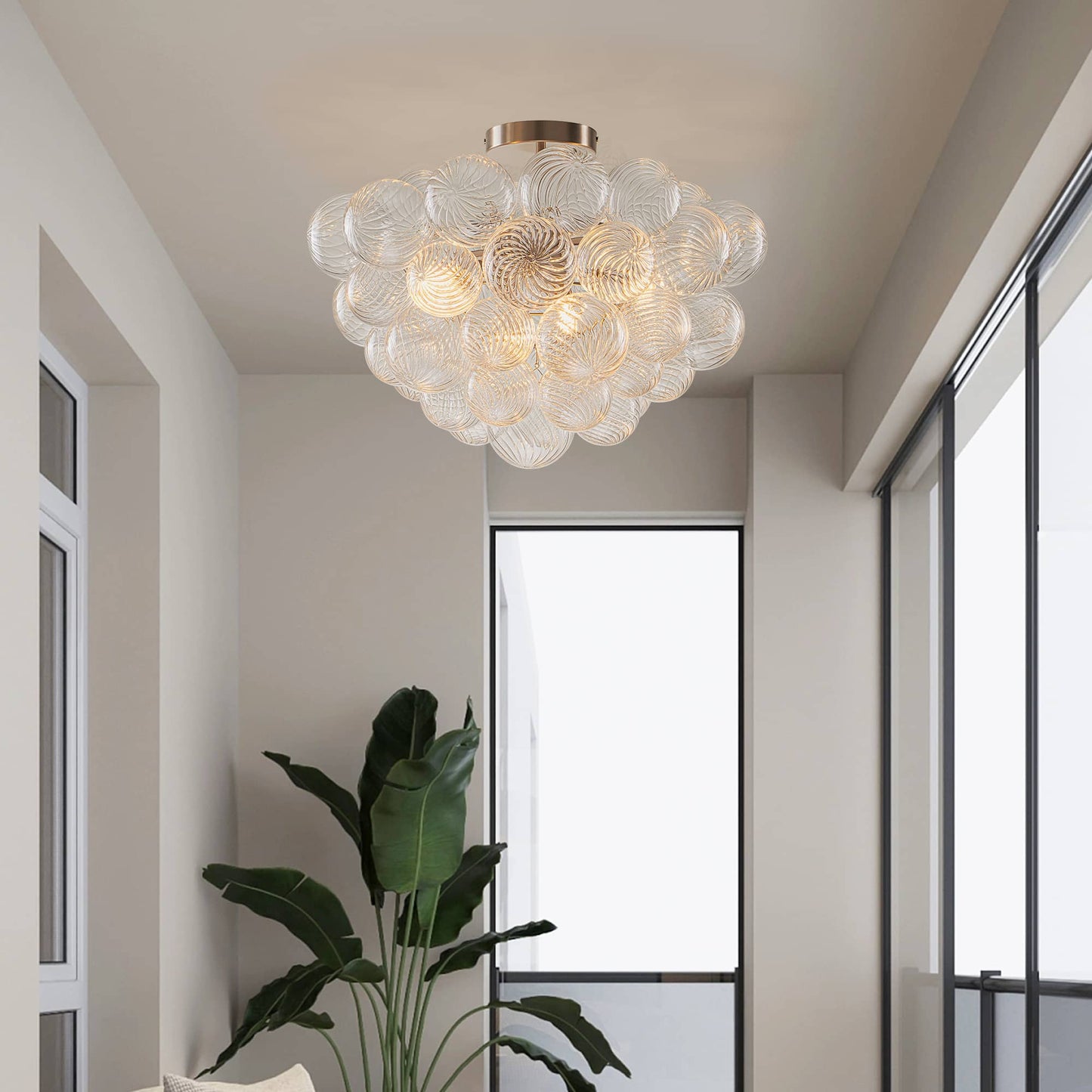 Talia Bubbled Chandelier Semi-Flush Mounted Clear Ribbed Ball Nickel Frame