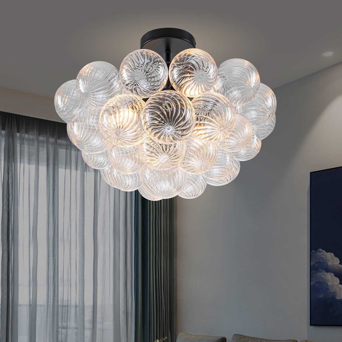 Bubbled Chandelier Semi-Flush Mounted Clear Ribbed Ball Black Frame