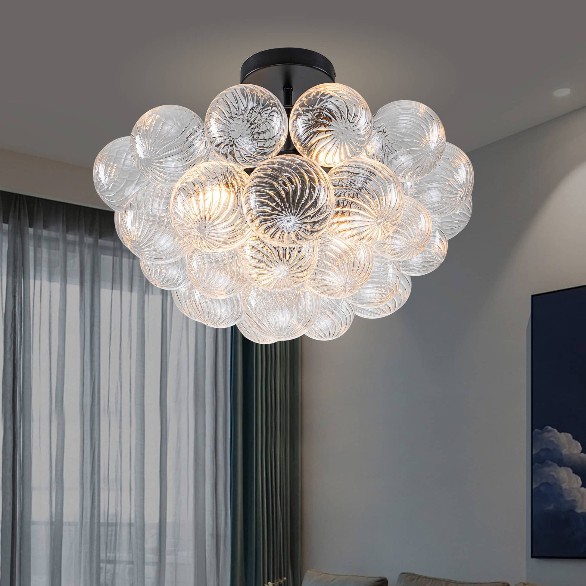 Bubbled Chandelier Semi-Flush Mounted Clear Ribbed Ball Black Frame