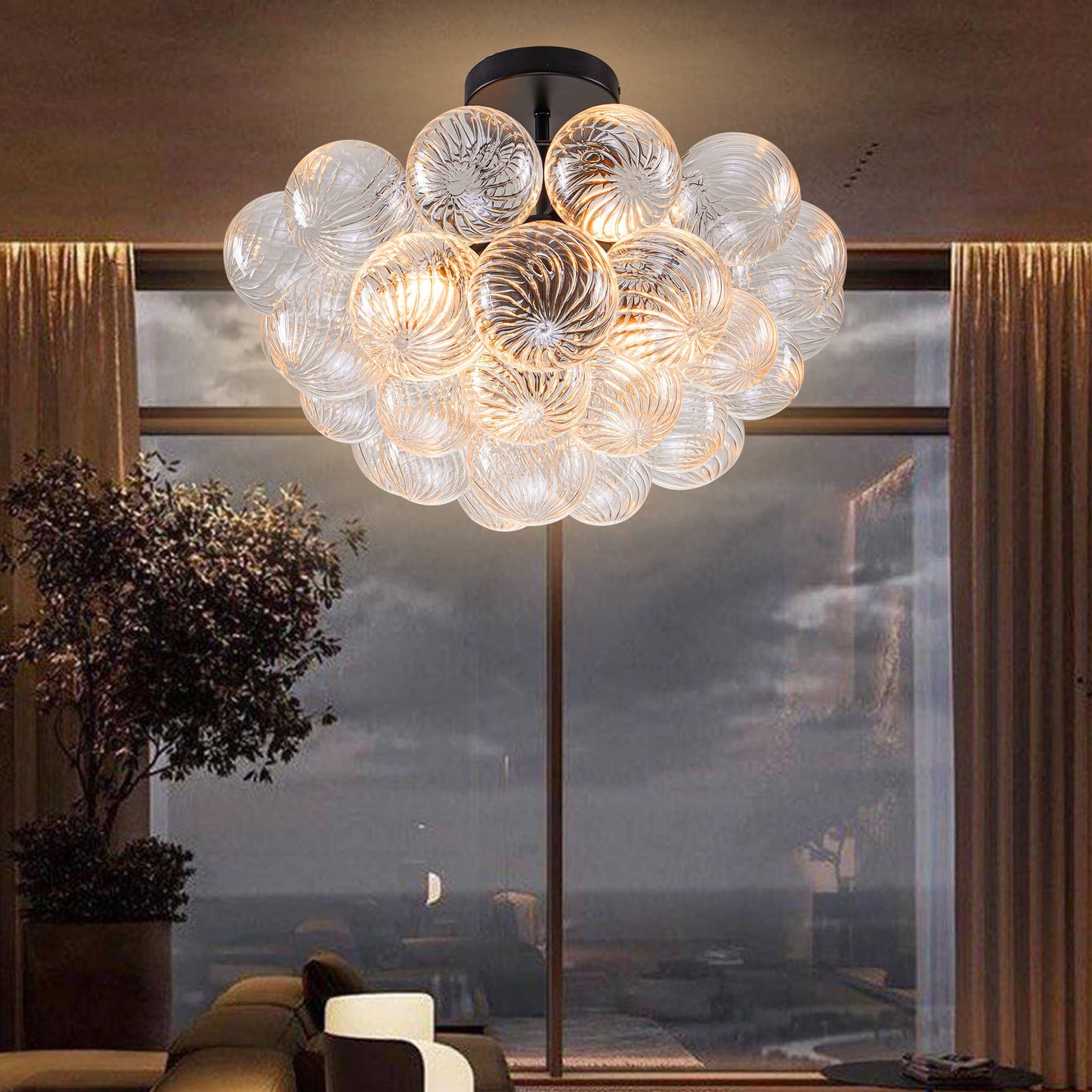 Bubbled Chandelier Semi-Flush Mounted Clear Ribbed Ball Black Frame