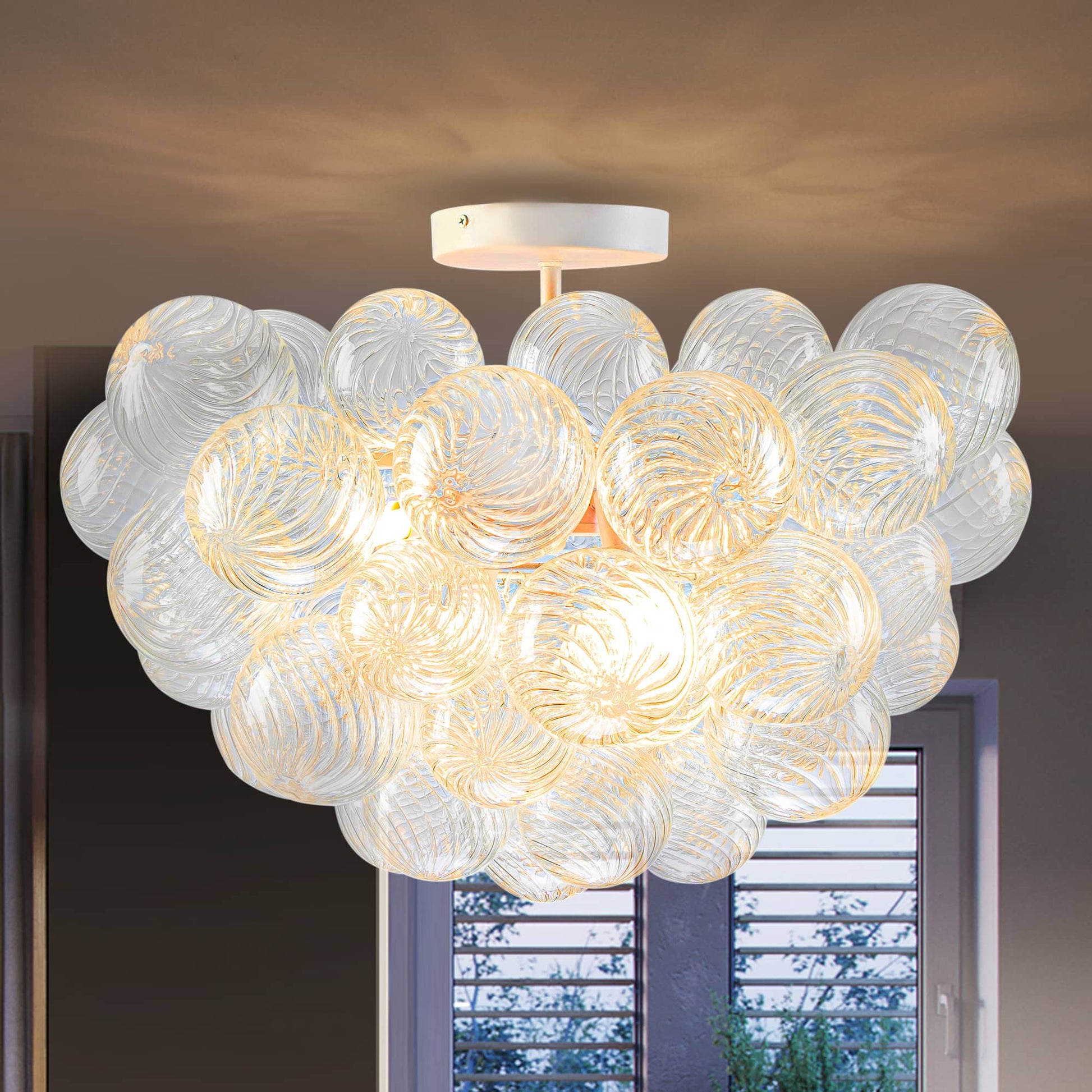 Bubbled Chandelier Semi-Flush Mounted Clear Ribbed Ball White Frame