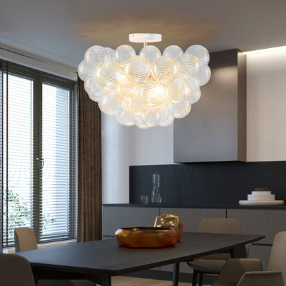 Bubbled Chandelier Semi-Flush Mounted Clear Ribbed Ball White Frame