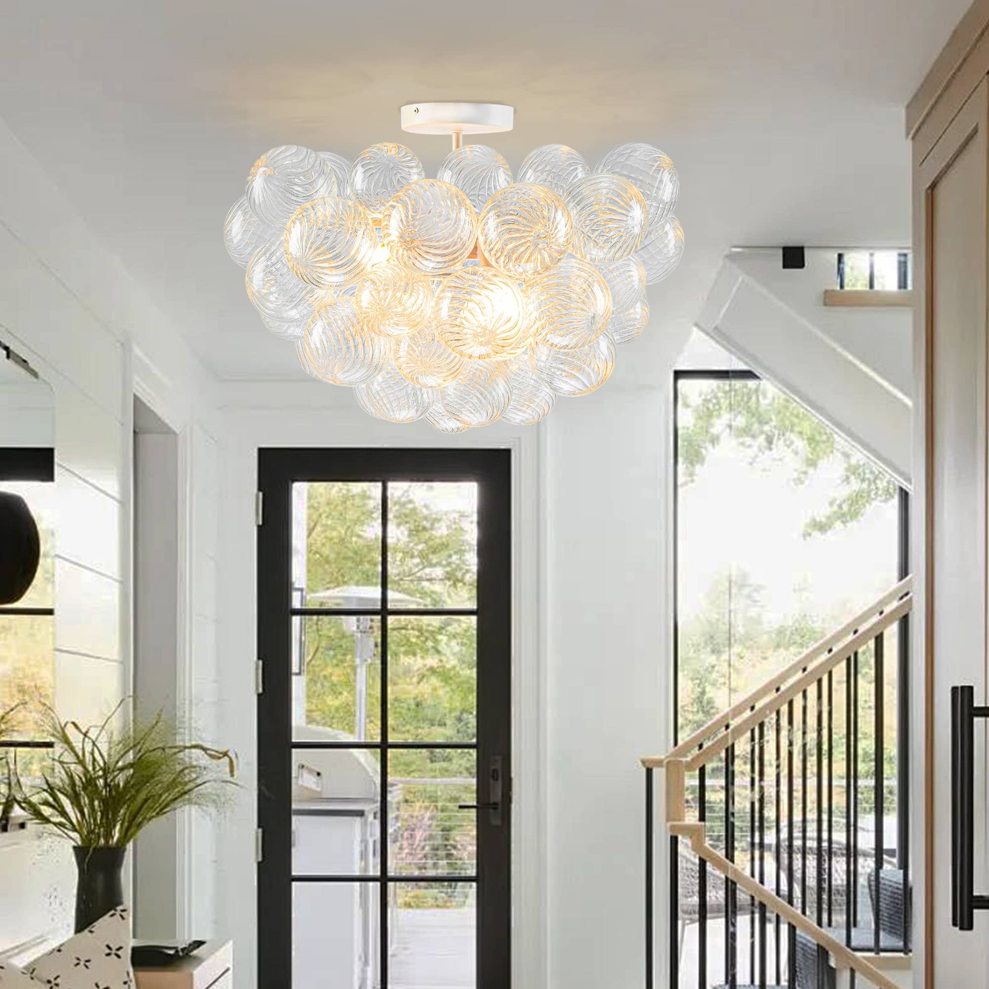 Bubbled Chandelier Semi-Flush Mounted Clear Ribbed Ball White Frame