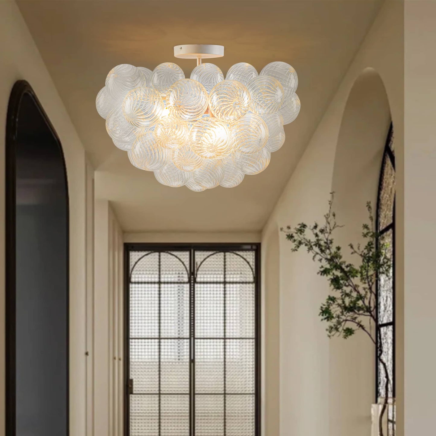 Bubbled Chandelier Semi-Flush Mounted Clear Ribbed Ball White Frame