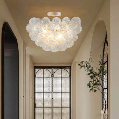 Bubbled Chandelier Semi-Flush Mounted Clear Ribbed Ball White Frame