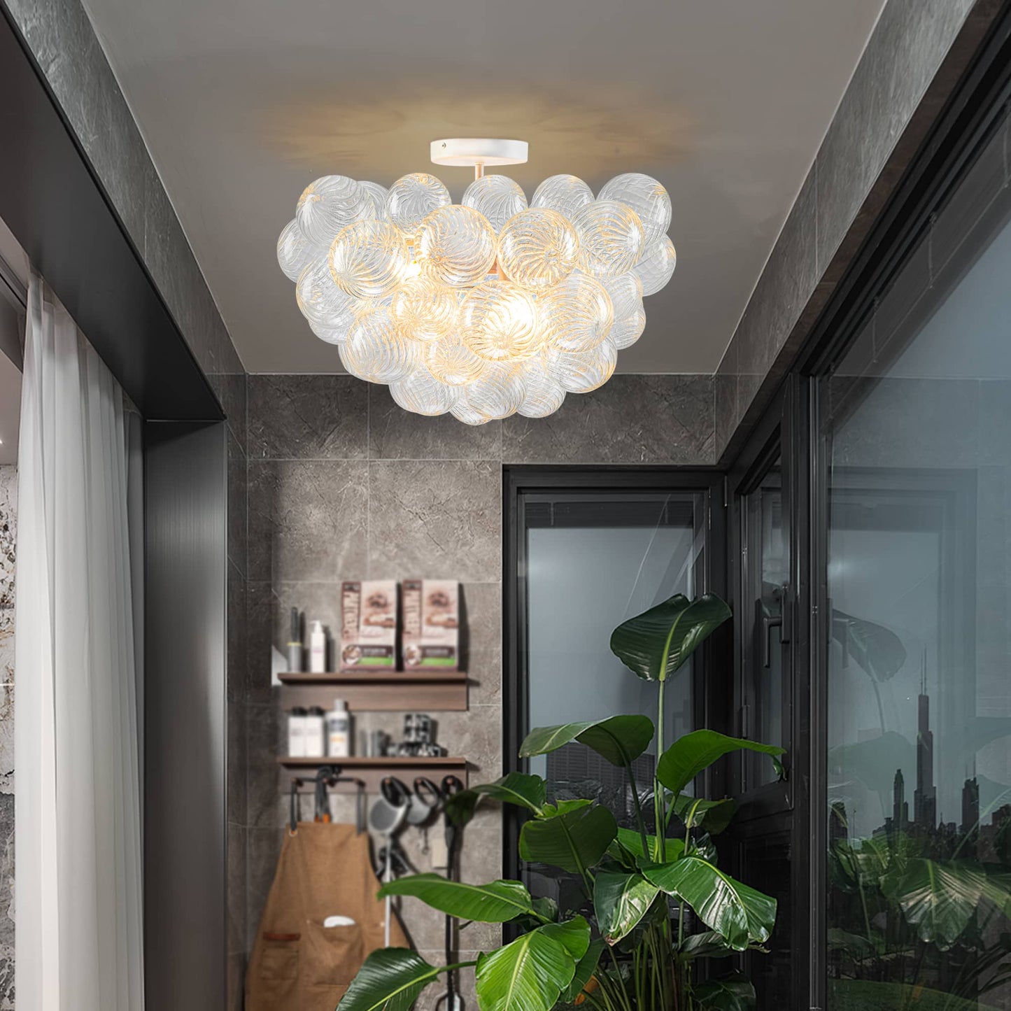 Bubbled Chandelier Semi-Flush Mounted Clear Ribbed Ball White Frame