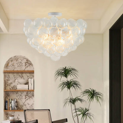 Bubbled Chandelier Semi-Flush Mounted Clear Ribbed Ball White Frame