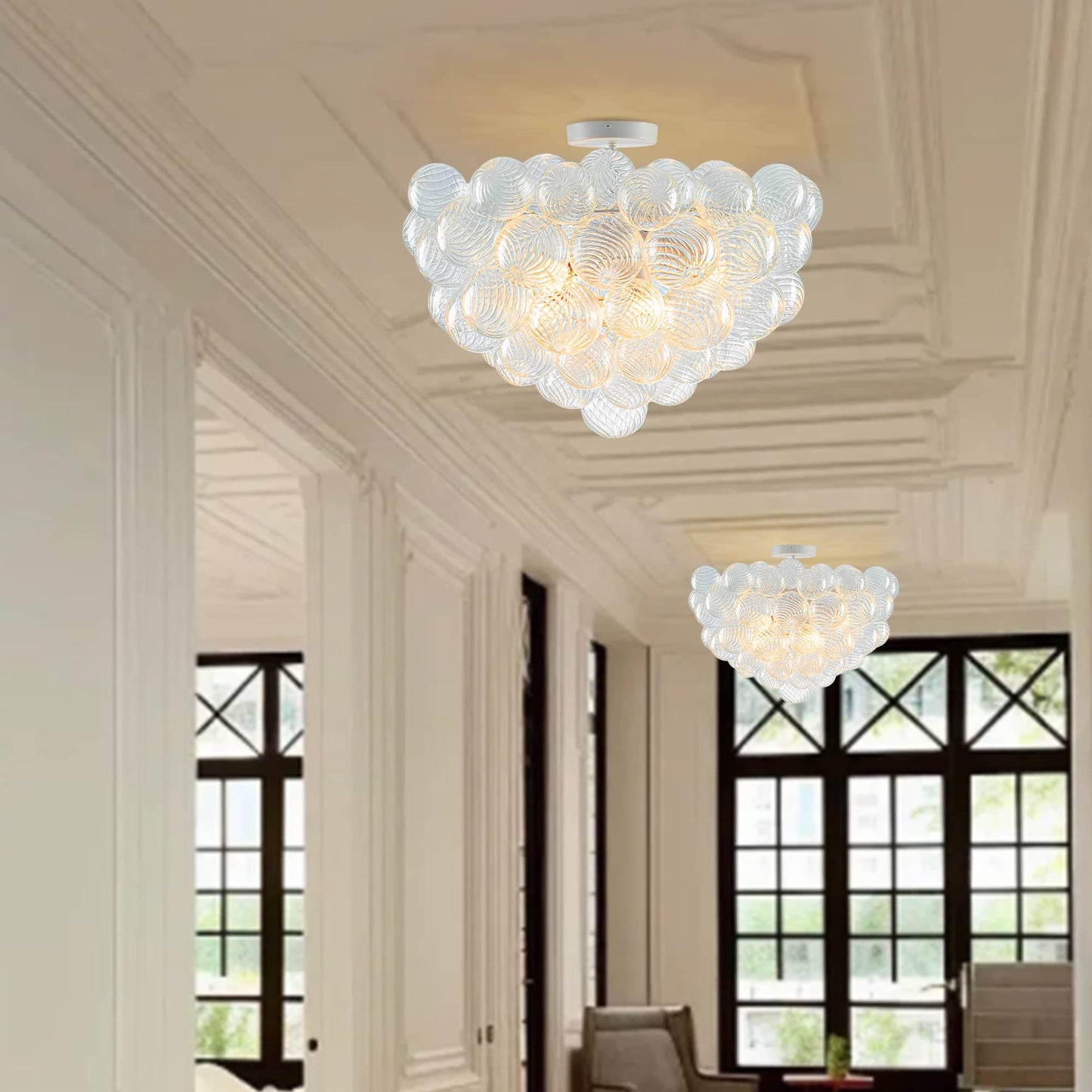 Bubbled Chandelier Semi-Flush Mounted Clear Ribbed Ball White Frame