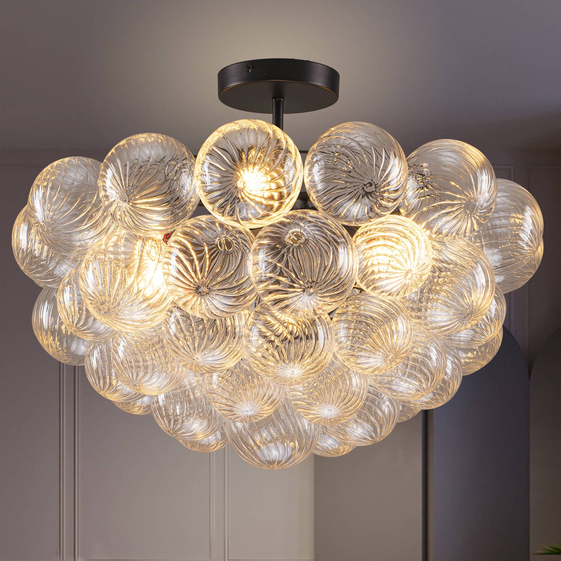 Bubbled Chandelier Semi-Flush Mounted Clear Ribbed Ball Black Frame